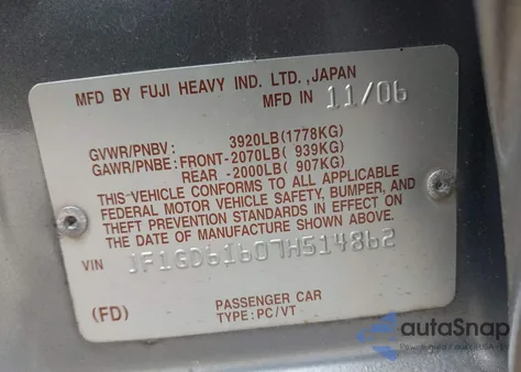 2007 Subaru Impreza 2.5I z USA, uszkodzony, nr VIN JF1GD61607H514862